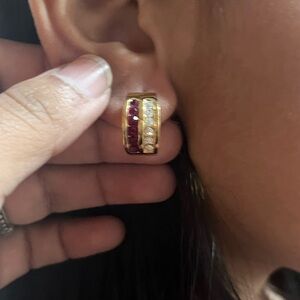 Vintage Roman Goldtone rhinestone red/white pierced Hoop earrings